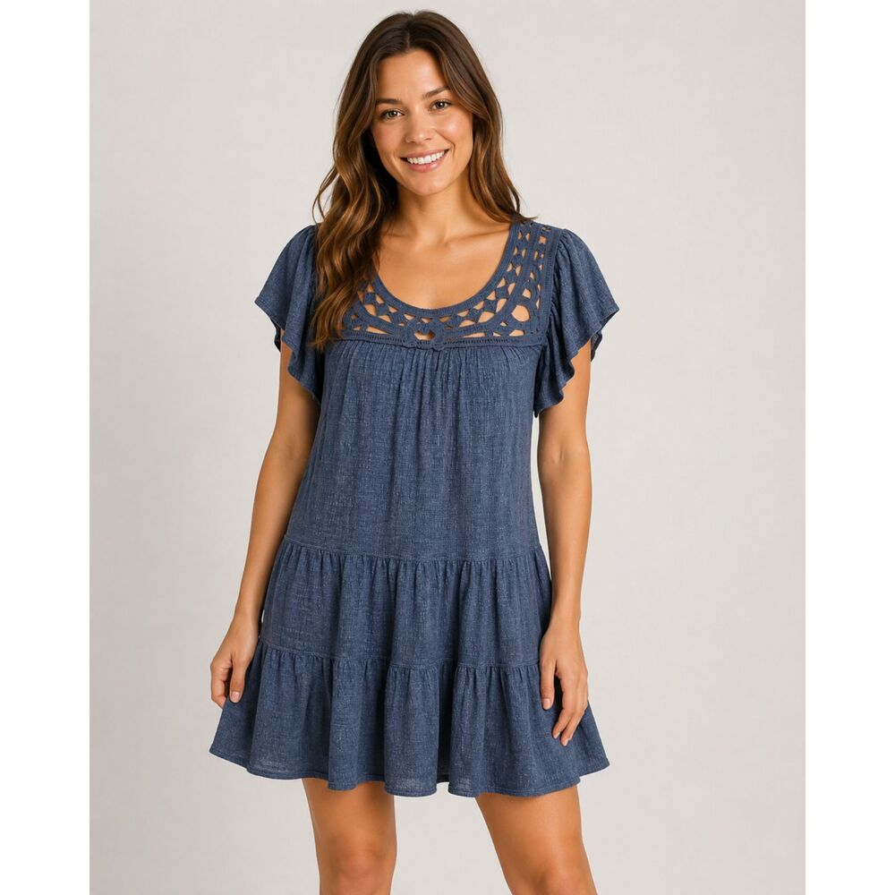 Max Studio London Denim Blue Crochet Tiered Ruffle Dress NWT Size Small $138